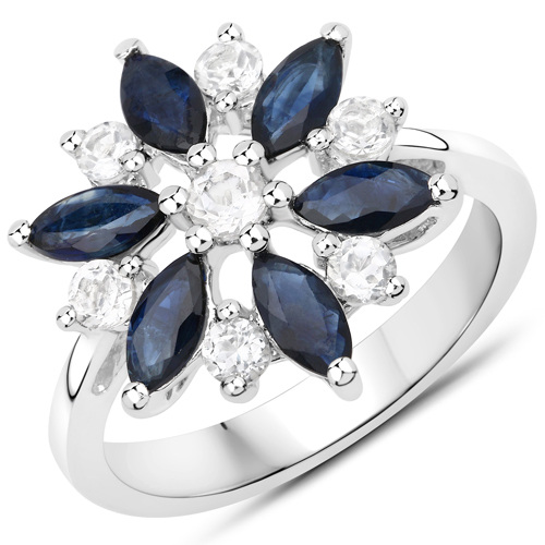 2.09 Carat Genuine Blue Sapphire and White Topaz .925 Sterling Silver Ring