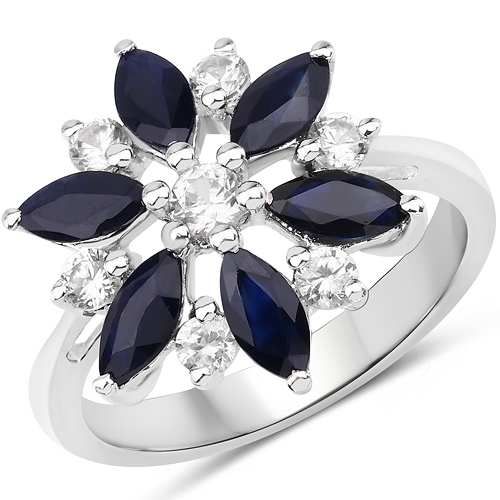 2.28 Carat Genuine Blue Sapphire and White Zircon .925 Sterling Silver Ring