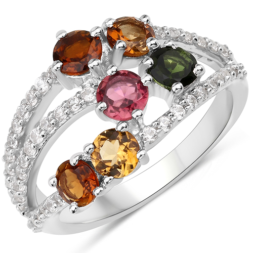 Rings-2.21 Carat Genuine Multi Tourmaline and White Zircon .925 Sterling Silver Ring
