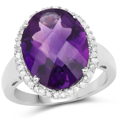 Amethyst-7.94 Carat Genuine Amethyst and White Diamond .925 Sterling Silver Ring