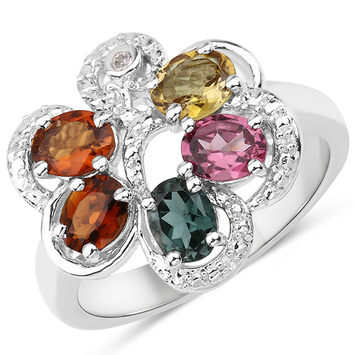Rings-1.60 Carat Genuine Multi Tourmaline and White Zircon .925 Sterling Silver Ring