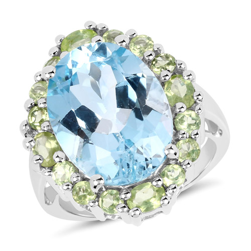 12.77 Carat Genuine Blue Topaz and Peridot .925 Sterling Silver Ring