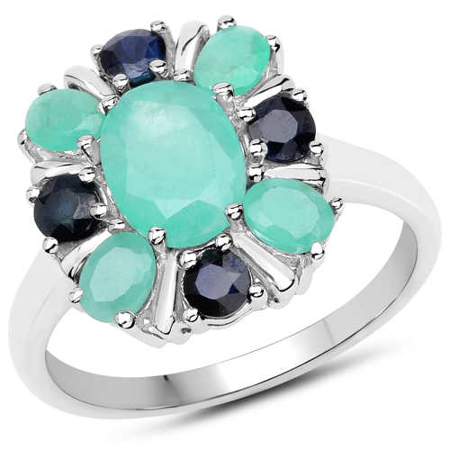 Emerald-2.09 Carat Genuine Emerald and Blue Sapphire .925 Sterling Silver Ring