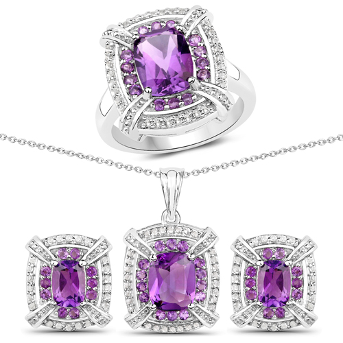 Amethyst-5.88 Carat Genuine Amethyst and White Topaz .925 Sterling Silver 3 Piece Jewelry Set (Ring, Earrings, and Pendant w/ Chain)