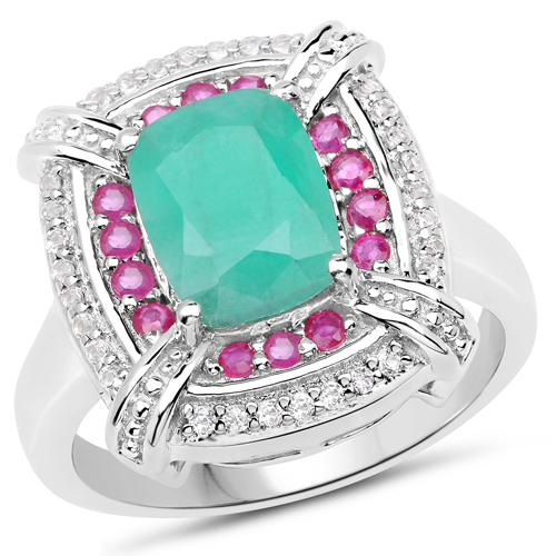Emerald-2.22 Carat Genuine Emerald, Ruby and White Topaz .925 Sterling Silver Ring