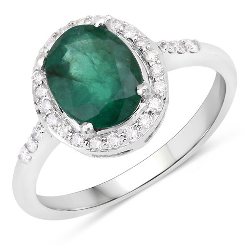 Emerald-1.86 Carat Genuine Zambian Emerald and White Diamond 14K White Gold Ring