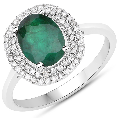 Emerald-1.97 Carat Genuine Zambian Emerald and White Diamond 14K White Gold Ring