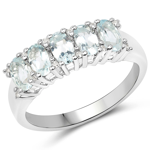 Rings-1.06 Carat Genuine Aquamarine and White Zircon .925 Sterling Silver Ring