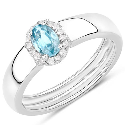 Rings-0.68 Carat Genuine Blue Zircon and White Zircon .925 Sterling Silver Ring