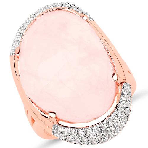 Rings-14K Rose Gold Plated 16.88 Carat Genuine Rose Quartz and White Topaz .925 Sterling Silver Ring