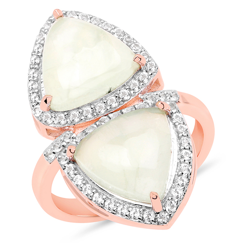 Rings-18K Rose Gold Plated 7.58 Carat Genuine Prehnite and White Topaz .925 Sterling Silver Ring