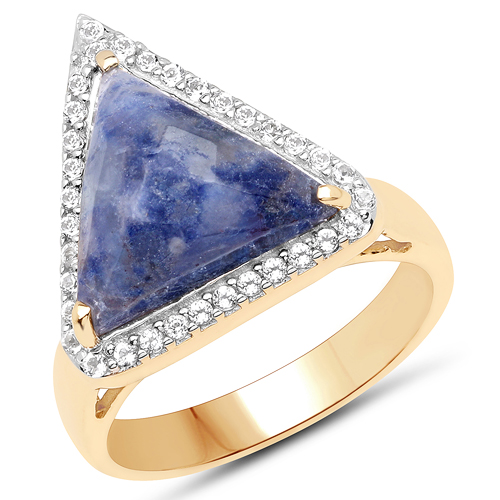 Rings-18K Yellow Gold Plated 9.57 Carat Genuine Blue Aventurine and White Topaz .925 Sterling Silver Ring