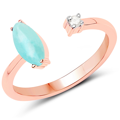 Rings-18K Rose Gold Plated 0.58 Carat Genuine Amazonite and White Diamond .925 Sterling Silver Ring