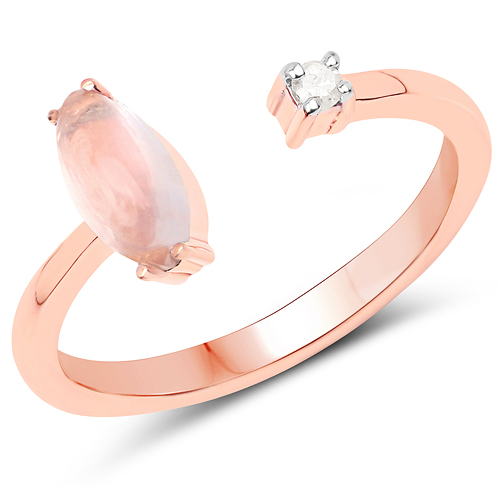 Rings-18K Rose Gold Plated 0.83 Carat Genuine Rose Quartz and White Diamond .925 Sterling Silver Ring