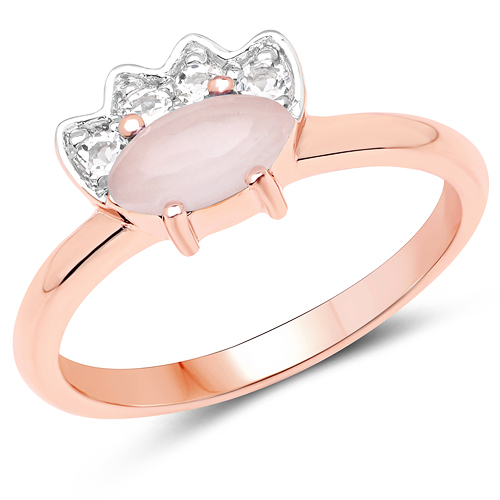 Rings-14K Rose Gold Plated 0.96 Carat Genuine Rose Quartz and White Topaz .925 Sterling Silver Ring