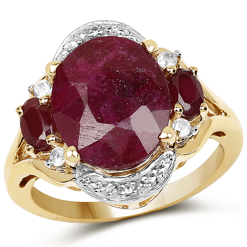 Ruby-14K Yellow Gold Plated 7.11 Carat Dyed Ruby, Genuine Ruby and White Topaz .925 Sterling Silver Ring