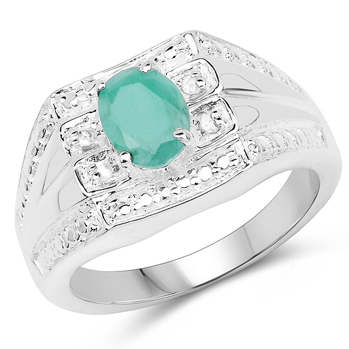 Emerald-0.68 Carat Genuine Emerald and White Diamond .925 Sterling Silver Ring