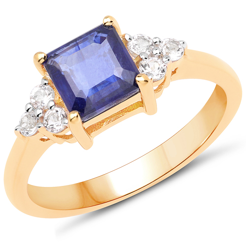 Sapphire-18K Yellow Gold Plated 1.99 Carat Glass Filled Sapphire and White Topaz .925 Sterling Silver Ring