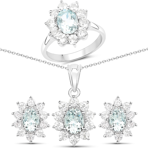 Aquamarine-5.82 Carat Genuine Aquamarine and White Topaz .925 Sterling Silver 3 Piece Jewelry Set (Ring, Earrings, and Pendant w/ Chain)
