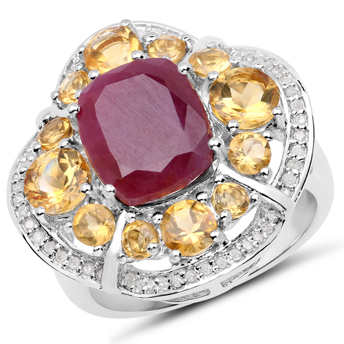Ruby-7.82 Carat Genuine Ruby, Citrine and White Diamond .925 Sterling Silver Ring