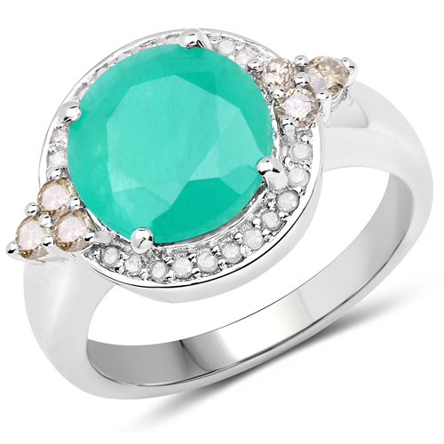 Emerald-3.51 Carat Genuine Emerald, Champagne Diamond and White Diamond .925 Sterling Silver Ring