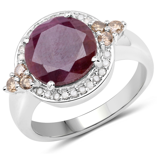 Ruby-5.60 Carat Genuine Ruby, Champagne Diamond and White Diamond .925 Sterling Silver Ring