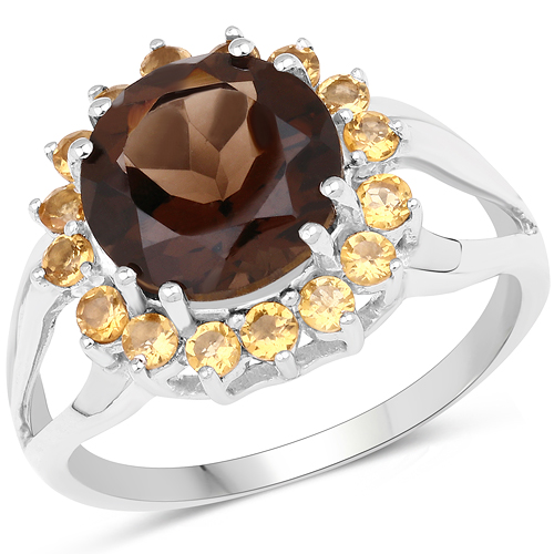 Rings-3.97 Carat Genuine Smoky Quartz and Citrine .925 Sterling Silver Ring