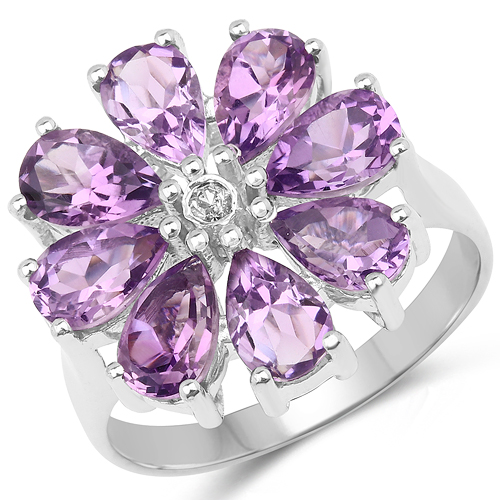 Amethyst-3.12 Carat Genuine Amethyst and White Diamond .925 Sterling Silver Ring