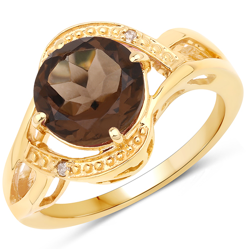 Rings-14K Yellow Gold Plated 2.42 Carat Genuine Smoky Quartz and White Diamond .925 Sterling Silver Ring