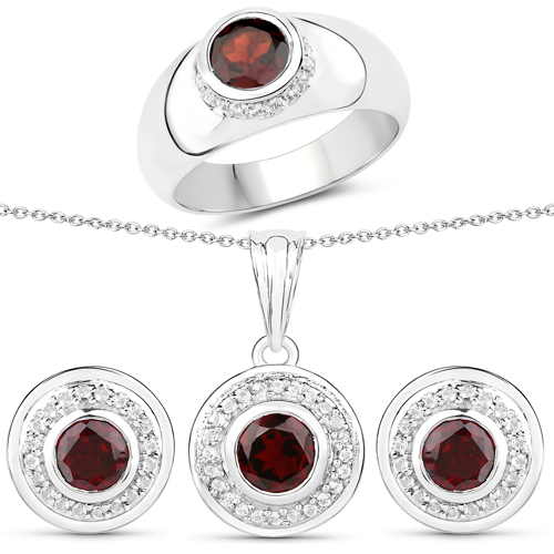 3.66 Carat Genuine Garnet and White Topaz .925 Sterling Silver 3 Piece Jewelry Set (Ring, Earrings, and Pendant w/ Chain)