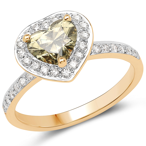 18K Yellow Gold 1.35 Carat Genuine Green Diamond and White Diamond Ring