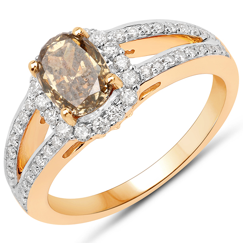 18K Yellow Gold 1.69 Carat Genuine Chocolate Brown Diamond and White Diamond Ring