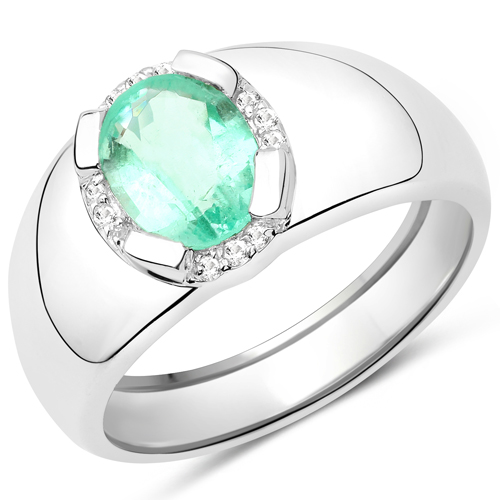 Emerald-1.10 Carat Genuine Emerald and White Topaz .925 Sterling Silver Ring