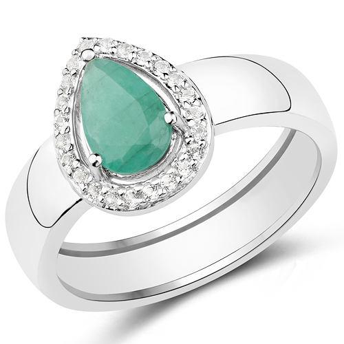 Emerald-1.12 Carat Genuine Emerald and White Topaz .925 Sterling Silver Ring