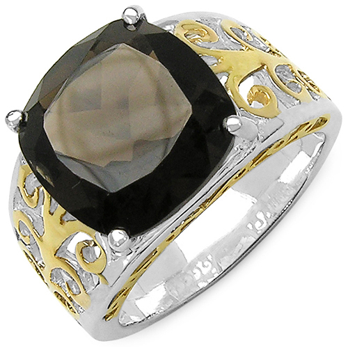 Rings-Two Tone Plated 7.09 Carat Genuine Smoky Quartz .925 Sterling Silver Ring
