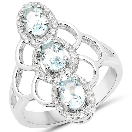 Rings-1.54 Carat Genuine Aquamarine and White Zircon .925 Sterling Silver Ring