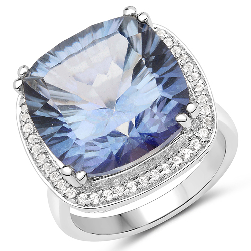 Rings-13.95 Carat Genuine Blue Mystic Quartz and White Topaz .925 Sterling Silver Ring