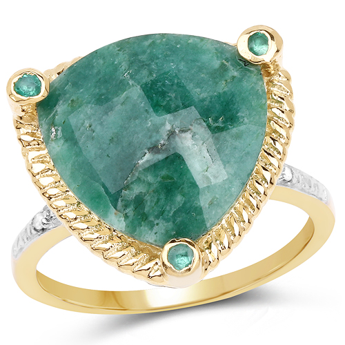 Emerald-14K Yellow Gold Plated 11.20 Carat Dyed Emerald & White Diamond .925 Sterling Silver Ring