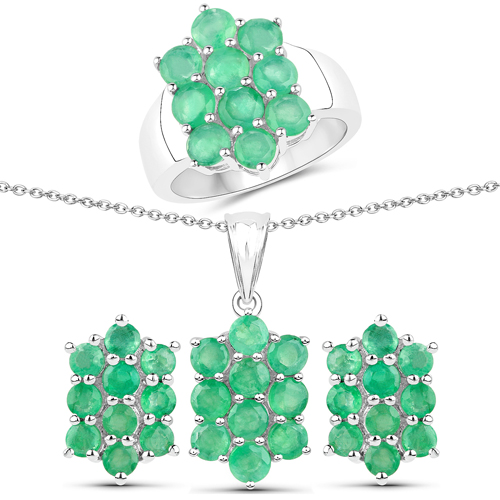 6.60 Carat Genuine Zambian Emerald .925 Sterling Silver 3 Piece Jewelry Set (Ring, Earrings, and Pendant w/ Chain)