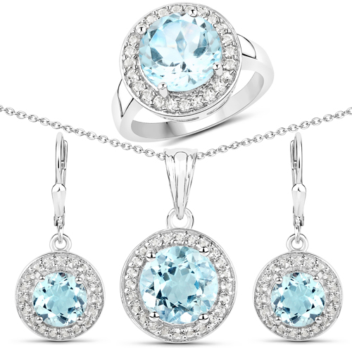 14.39 Carat Genuine Blue Topaz and White Topaz .925 Sterling Silver 3 Piece Jewelry Set (Ring, Earrings, and Pendant w/ Chain)
