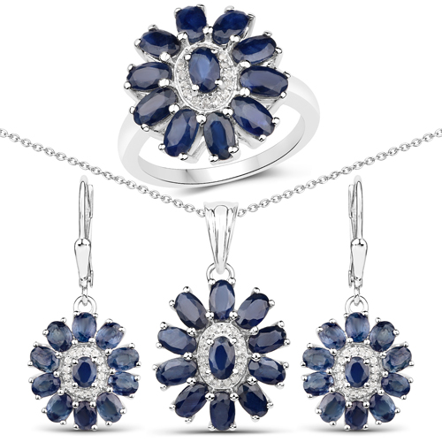9.53 Carat Genuine Blue Sapphire and White Topaz .925 Sterling Silver 3 Piece Jewelry Set (Ring, Earrings, and Pendant w/ Chain)
