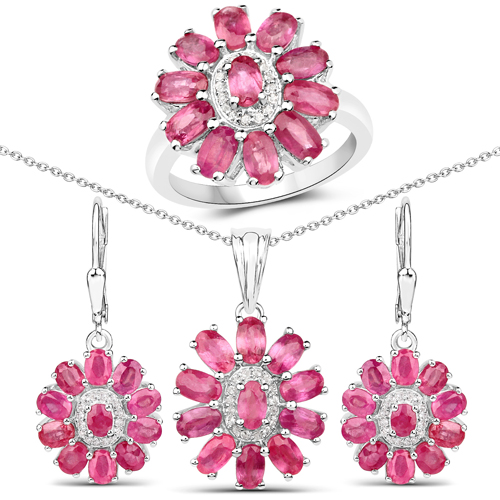 Ruby-11.07 Carat Genuine Ruby and White Topaz .925 Sterling Silver 3 Piece Jewelry Set (Ring, Earrings, and Pendant w/ Chain)