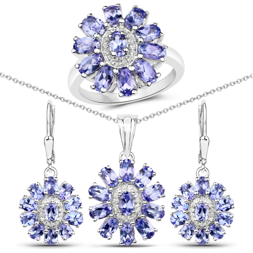 Tanzanite-9.53 Carat Genuine Tanzanite and White Topaz .925 Sterling Silver 3 Piece Jewelry Set (Ring, Earrings, and Pendant w/ Chain)