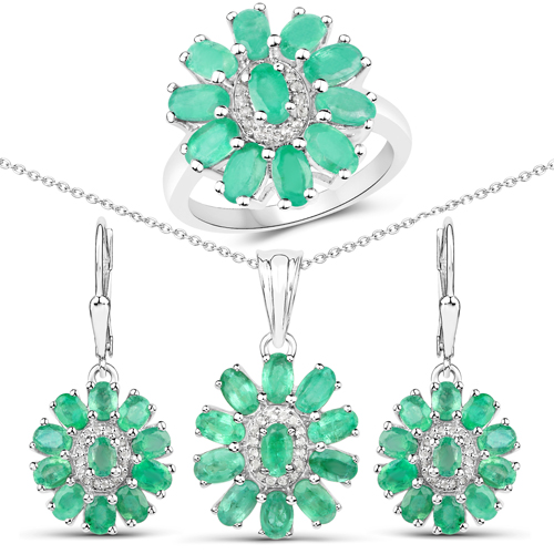 Jewelry Sets-7.77 Carat Genuine Zambian Emerald and White Topaz .925 Sterling Silver 3 Piece Jewelry Set (Ring, Earrings, and Pendant w/ Chain)