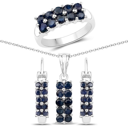 Sapphire-3.20 Carat Genuine Blue Sapphire .925 Sterling Silver 3 Piece Jewelry Set (Ring, Earrings, and Pendant w/ Chain)