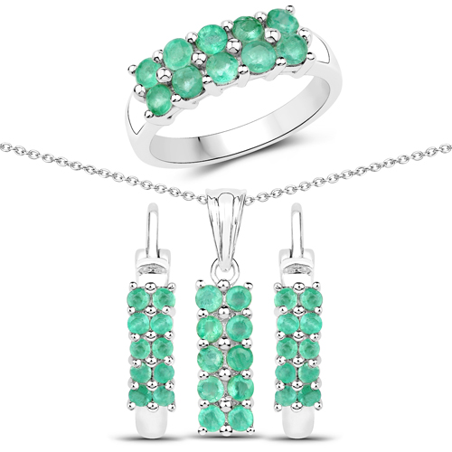 2.60 Carat Genuine Zambian Emerald .925 Sterling Silver 3 Piece Jewelry Set (Ring, Earrings, and Pendant w/ Chain)