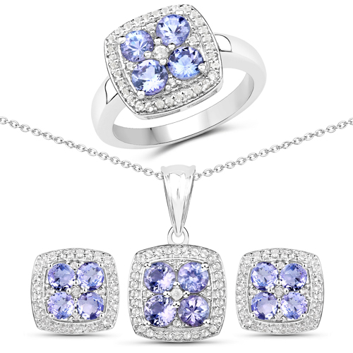 3.34 Carat Genuine Tanzanite and White Topaz .925 Sterling Silver 3 Piece Jewelry Set (Ring, Earrings, and Pendant w/ Chain)