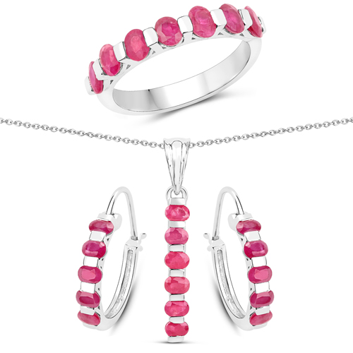 5.06 Carat Genuine Ruby .925 Sterling Silver 3 Piece Jewelry Set (Ring, Earrings, and Pendant w/ Chain)