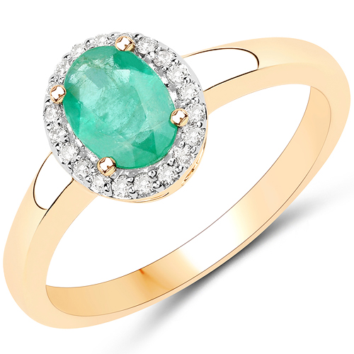 Emerald-0.82 Carat Genuine Zambian Emerald and White Diamond 18K Yellow Gold Ring