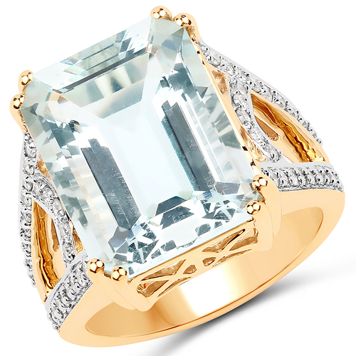 Rings-10.21 Carat Genuine Aquamarine and White Diamond 14K Yellow Gold Ring